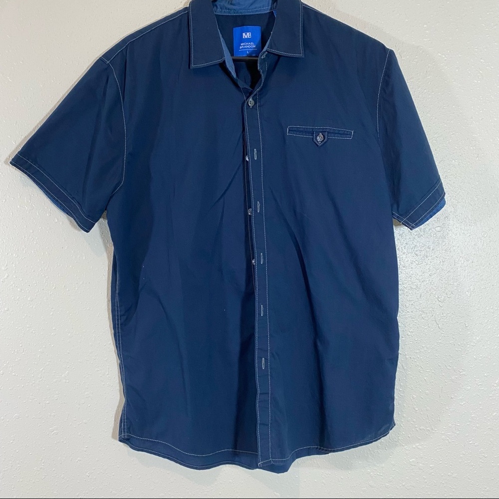 Michael Brandon Shirt Lg. Button Down Shirt Short Sleeve Blue Men’s Casu…